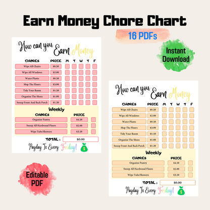 How to Earn Money Weekly Chore Chart, Editable Allowance Chore Chart for Kid, Printable Chore Chart for kid, Responsibility chart for kid