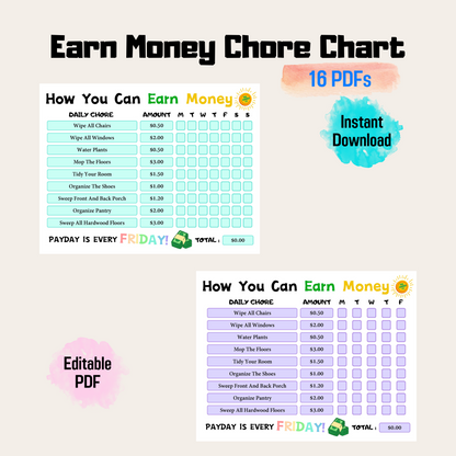 How To Earn Money Chore Chart, Editable Weekly Chore Chart For Kids, Responsibility Chart for Kids PDF, Printable Allowance Chore Chart