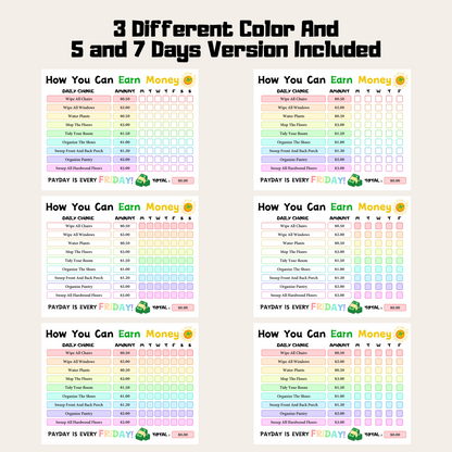 Editable How To Earn Money Chore Chart 5: Rainbow Color 3 Different Color and 5 and 7 Days Versions Included