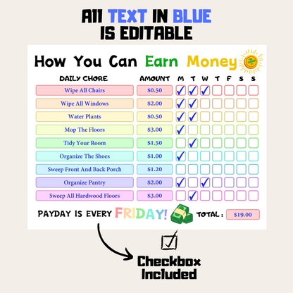 Editable How To Earn Money Chore Chart 5: Rainbow Color Editable Demo Display