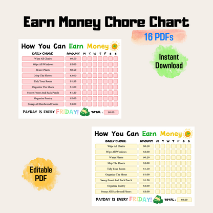 How To Earn Money Chore Chart, Editable Weekly Chore Chart For Kids, Responsibility Chart for Kids PDF, Printable Allowance Chore Chart