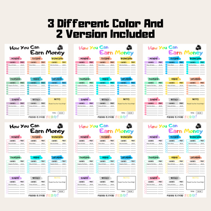 Editable How To Earn Money Chore Chart 6: Rainbow Color 3 Different Color and 2 Versions Included