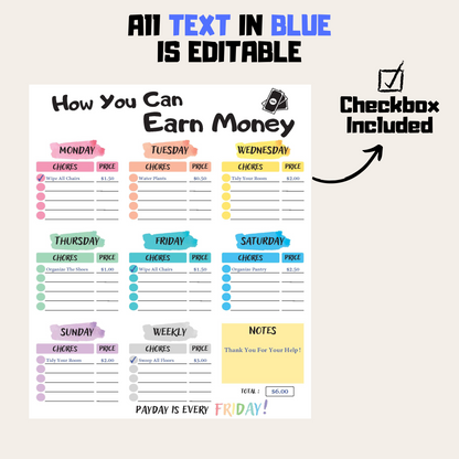 Editable How To Earn Money Chore Chart 6: Rainbow Color Editable Demo Display