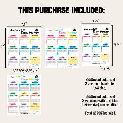 Editable How To Earn Money Chore Chart 6: Rainbow Color Product Information Details And Print Out Size Demo