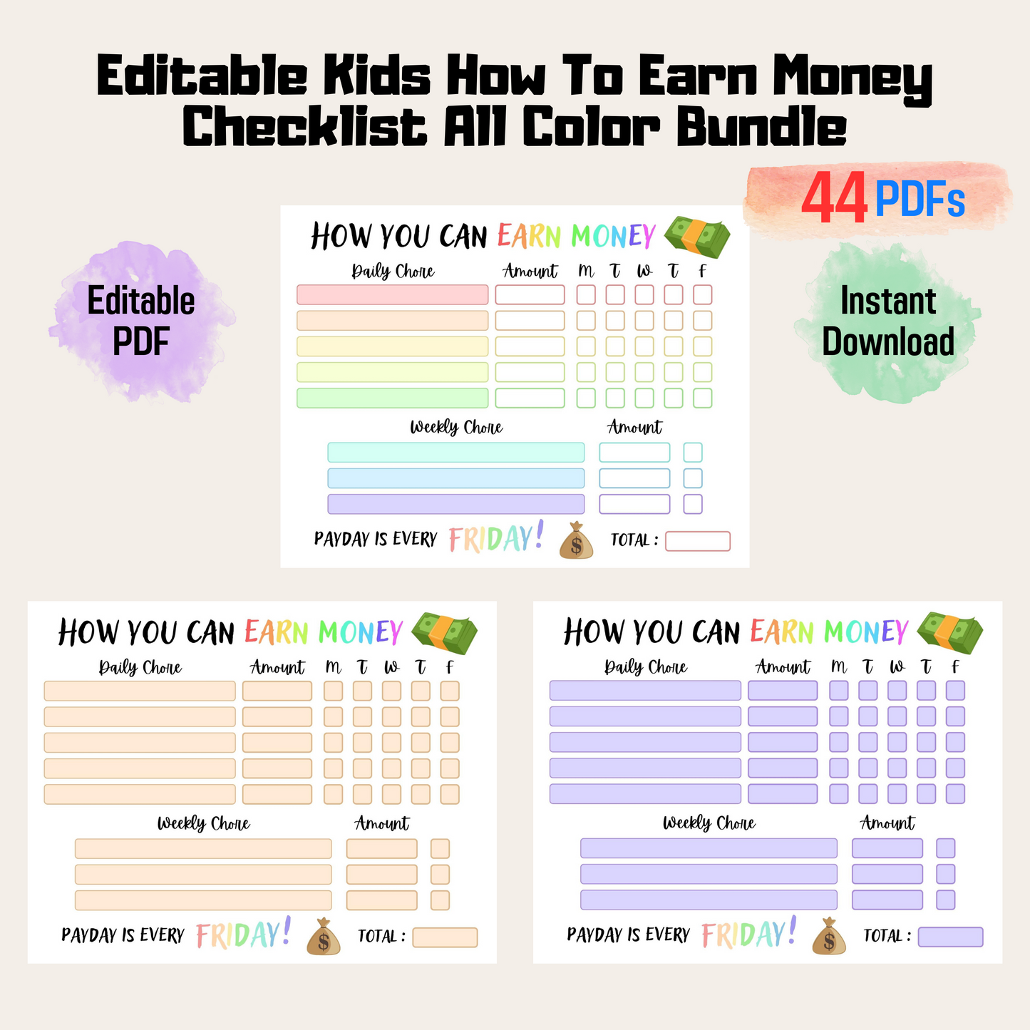 Editable Kids Chore Chart for Earning Money Rainbow Color, Editable Kids Reward, Chore Chart for Kids, PDF Reward System For Kids