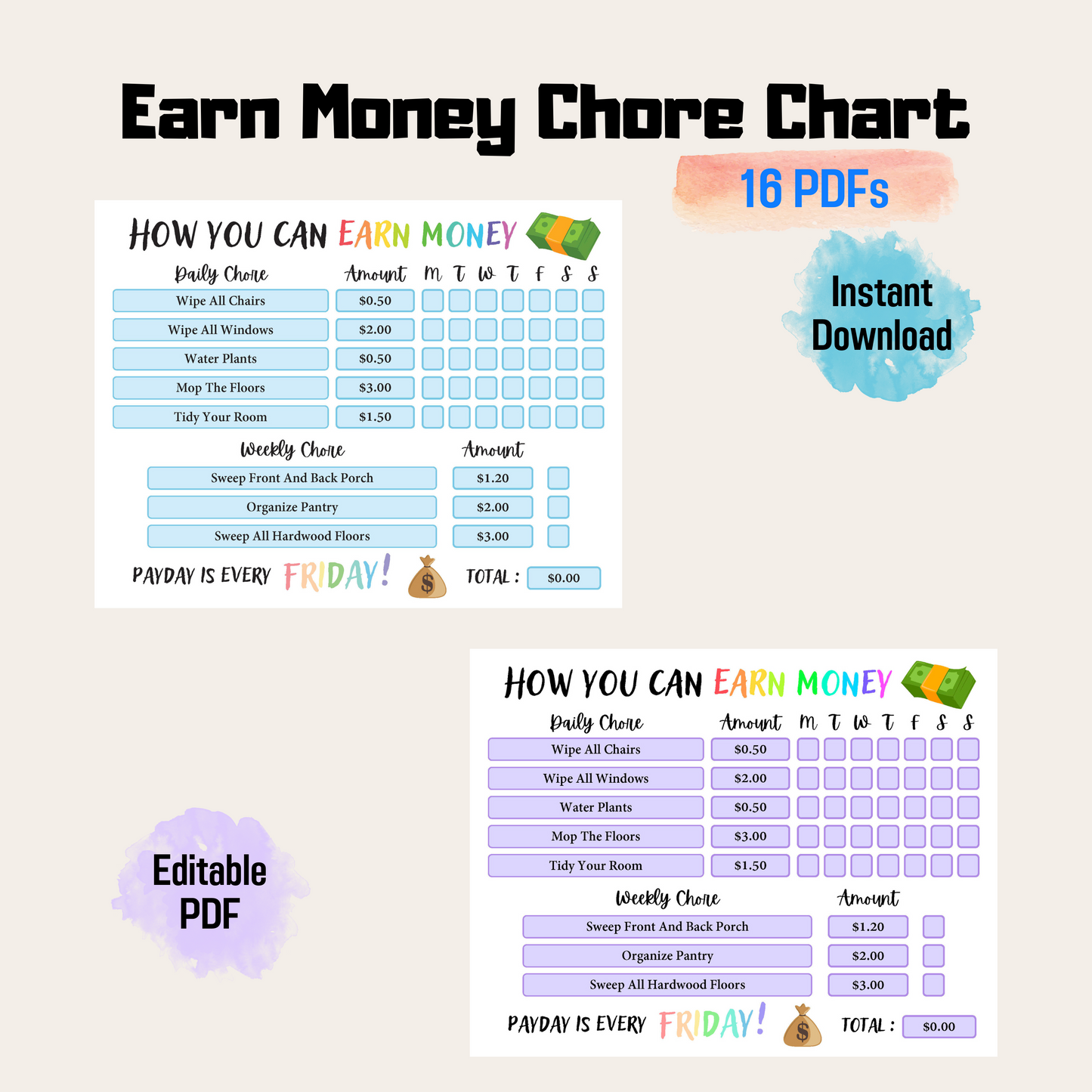 Editable Kids Chore Chart for Earning Money Rainbow Color, Editable Kids Reward, Chore Chart for Kids, PDF Reward System For Kids