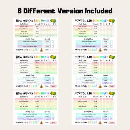 Editable How To Earn Money Chore Chart 7: Rainbow Color 6 Versions Included