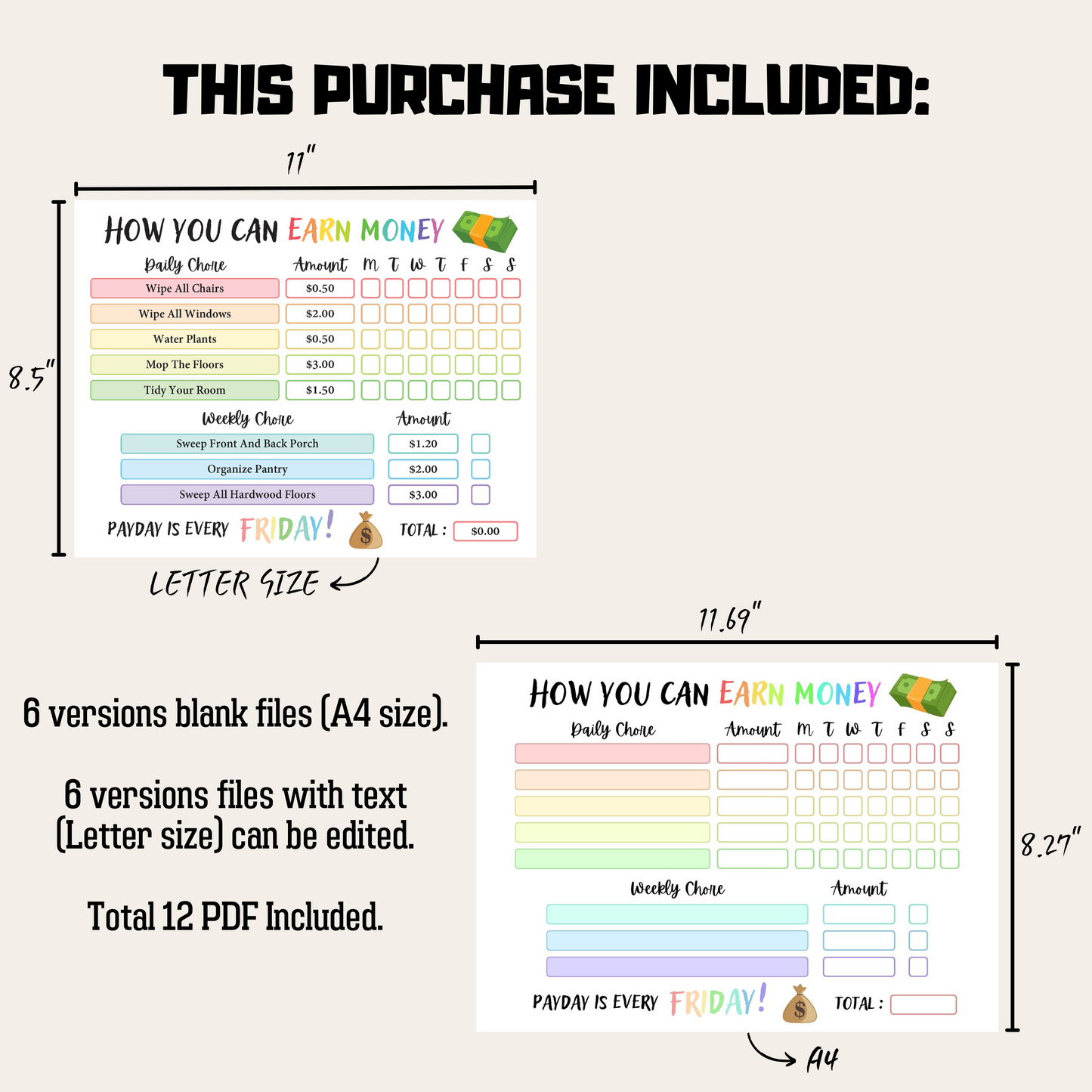 Editable How To Earn Money Chore Chart 7: Rainbow Color Product Information Details And Print Out Size Demo