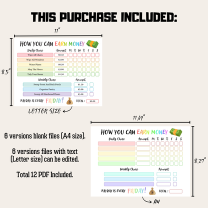 Editable How To Earn Money Chore Chart 7: Rainbow Color Product Information Details And Print Out Size Demo