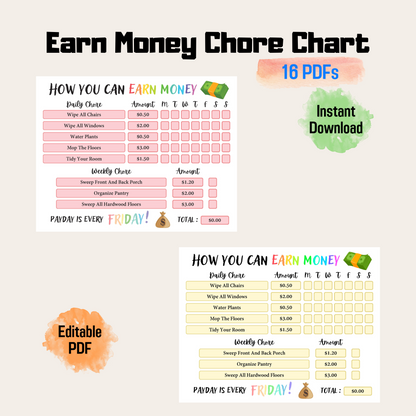 Editable Kids Chore Chart for Earning Money Rainbow Color, Editable Kids Reward, Chore Chart for Kids, PDF Reward System For Kids