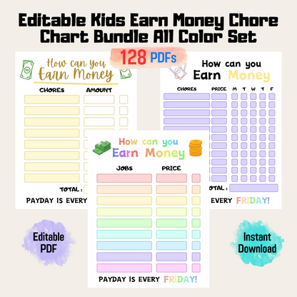 Editable How To Earn Money Chore Chart Bundle 1: All Color Bundle