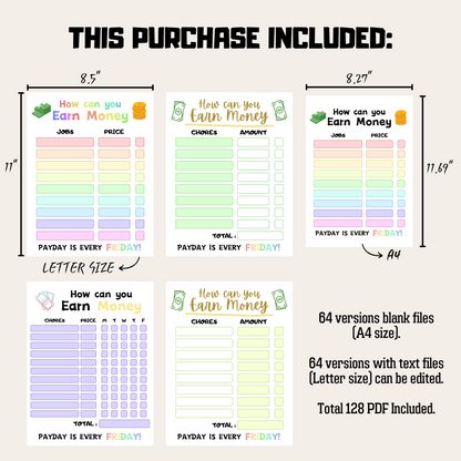 Editable How To Earn Money Chore Chart Bundle 1: All Color Bundle Product Information Details And Print Out Size Demo