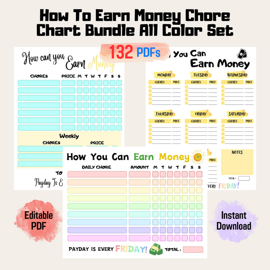 Editable How To Earn Money Chore Chart Bundle 2: All Color Bundle