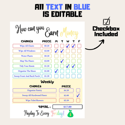 Editable How To Earn Money Chore Chart Bundle 2: All Color Bundle Editable Demo Display