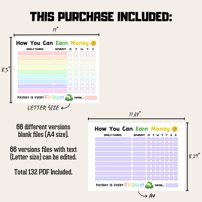 Editable How To Earn Money Chore Chart Bundle 2: All Color Bundle Product Information Details And Print Out Size Demo