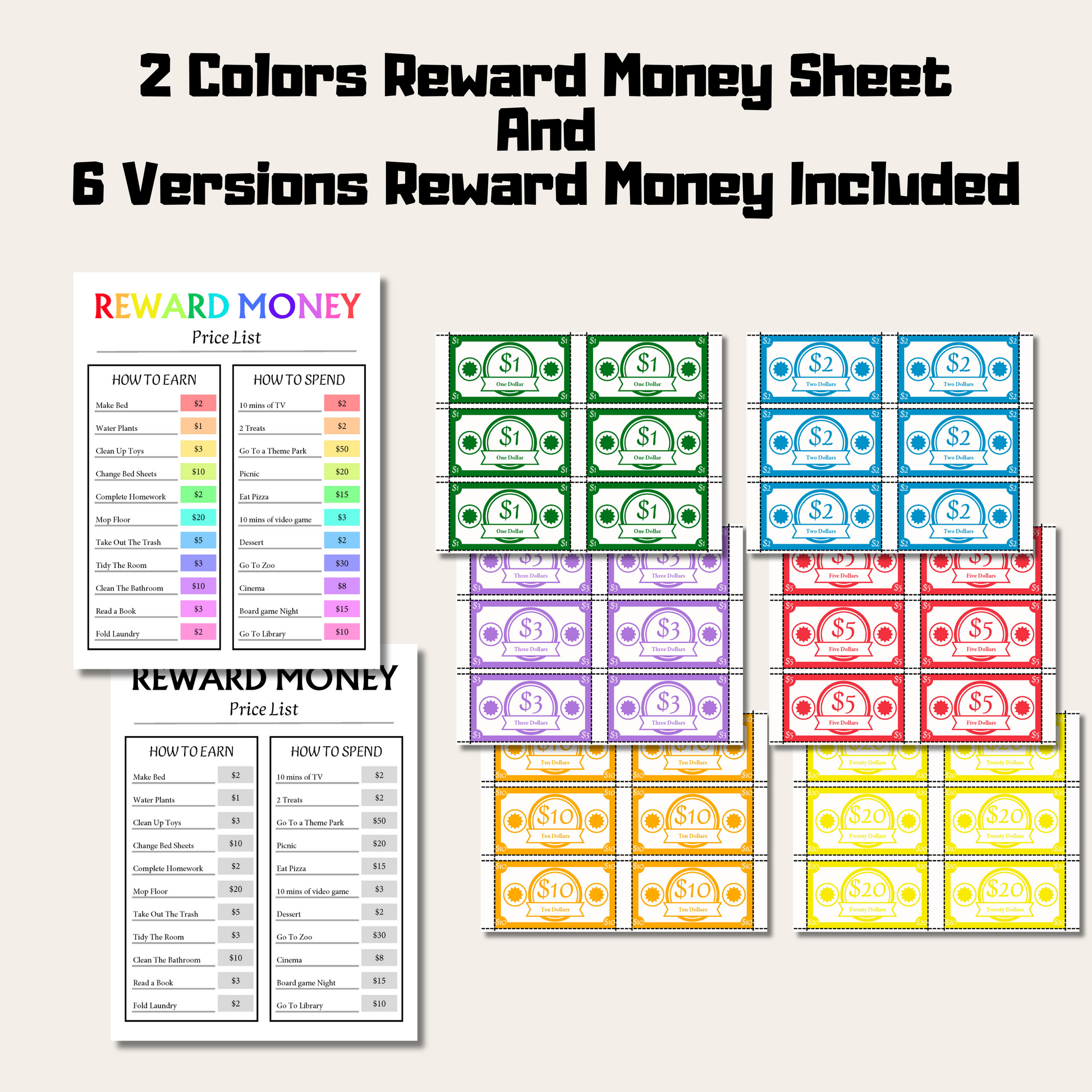 Editable Kids Reward Money 1: 2 Different Color Money Sheet and 6 Versions Money Included