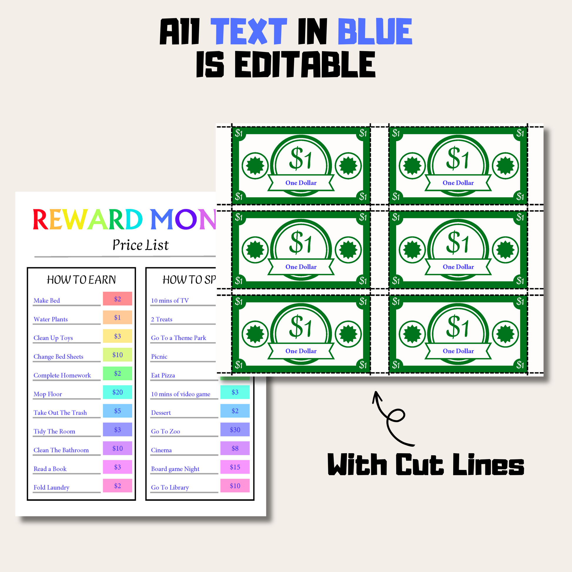 Editable Kids Reward Money 1: Editable Demo Display