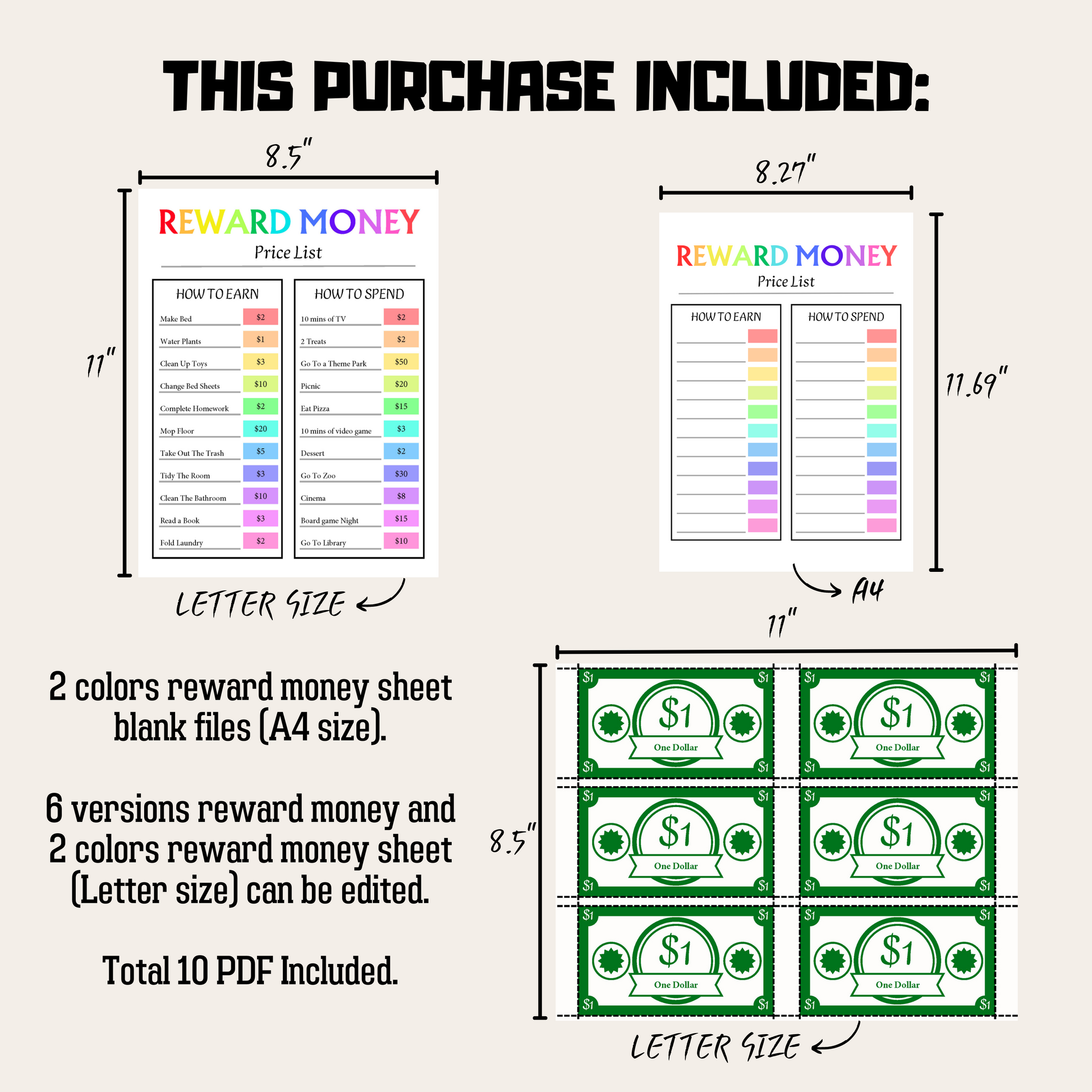 Editable Kids Reward Money 1: Product Information Details And Print Out Size Demo