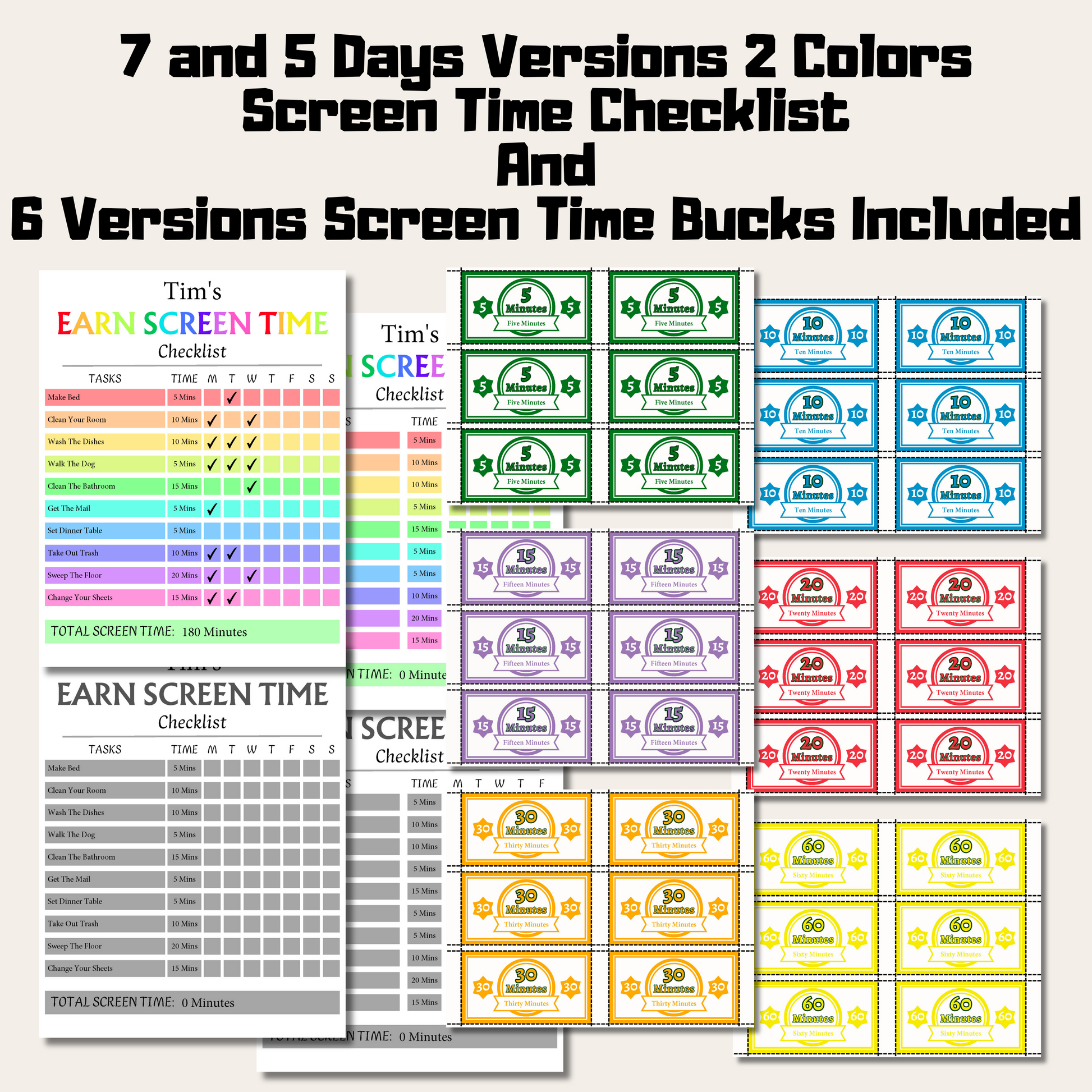 Editable Kids Screen Time Checklist 1: 7 and 5 Days Versions 2 Colors Checklist and 6 Versions Screen Time Bucks Included