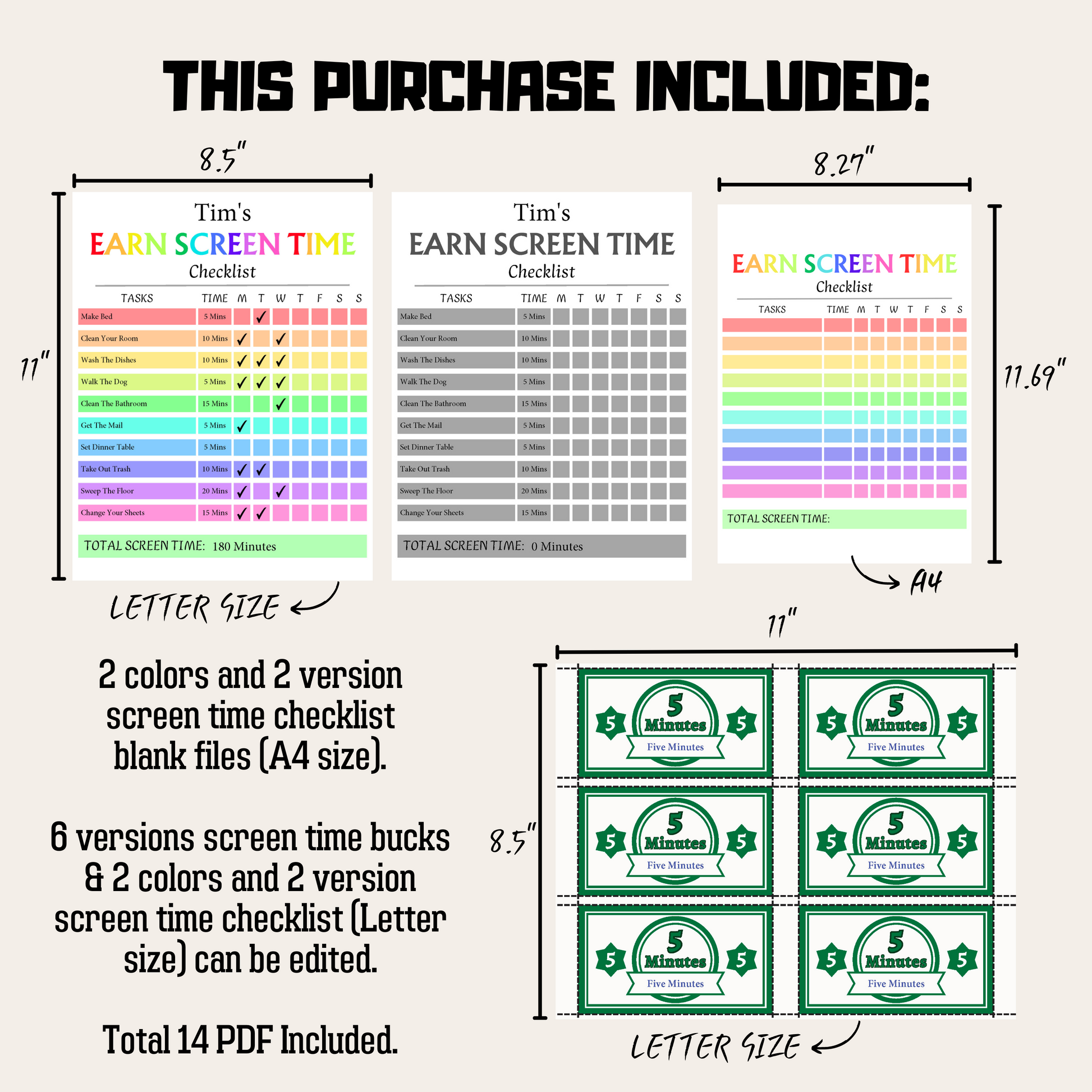 Editable Kids Screen Time Checklist 1: Product Information Details And Print Out Size Demo