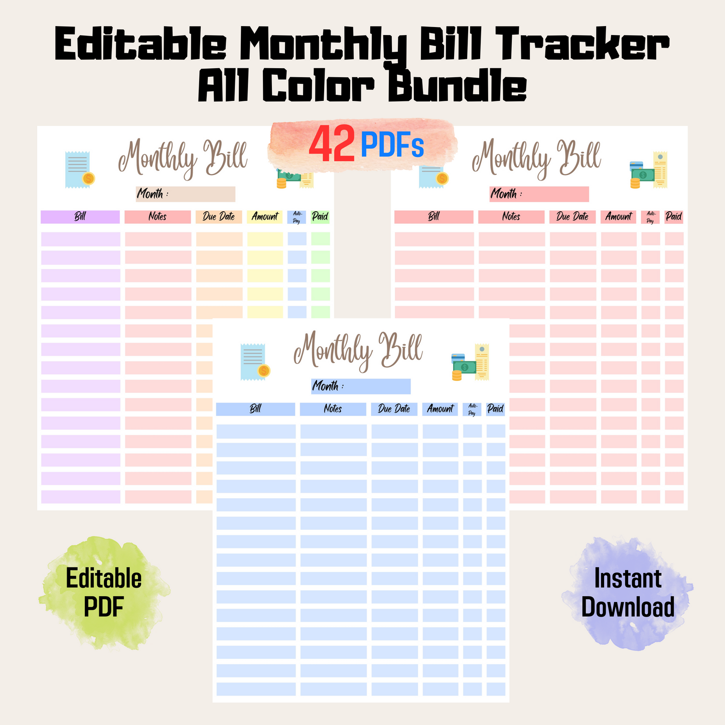 Monthly Bill Payment Tracker Rainbow Color, Expense Tracker, Editable Bill Planner, Bill Pay Checklist Organizer, Bill Log, Instant Download