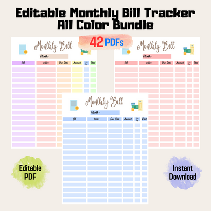 Monthly Bill Payment Tracker Rainbow Color, Expense Tracker, Editable Bill Planner, Bill Pay Checklist Organizer, Bill Log, Instant Download