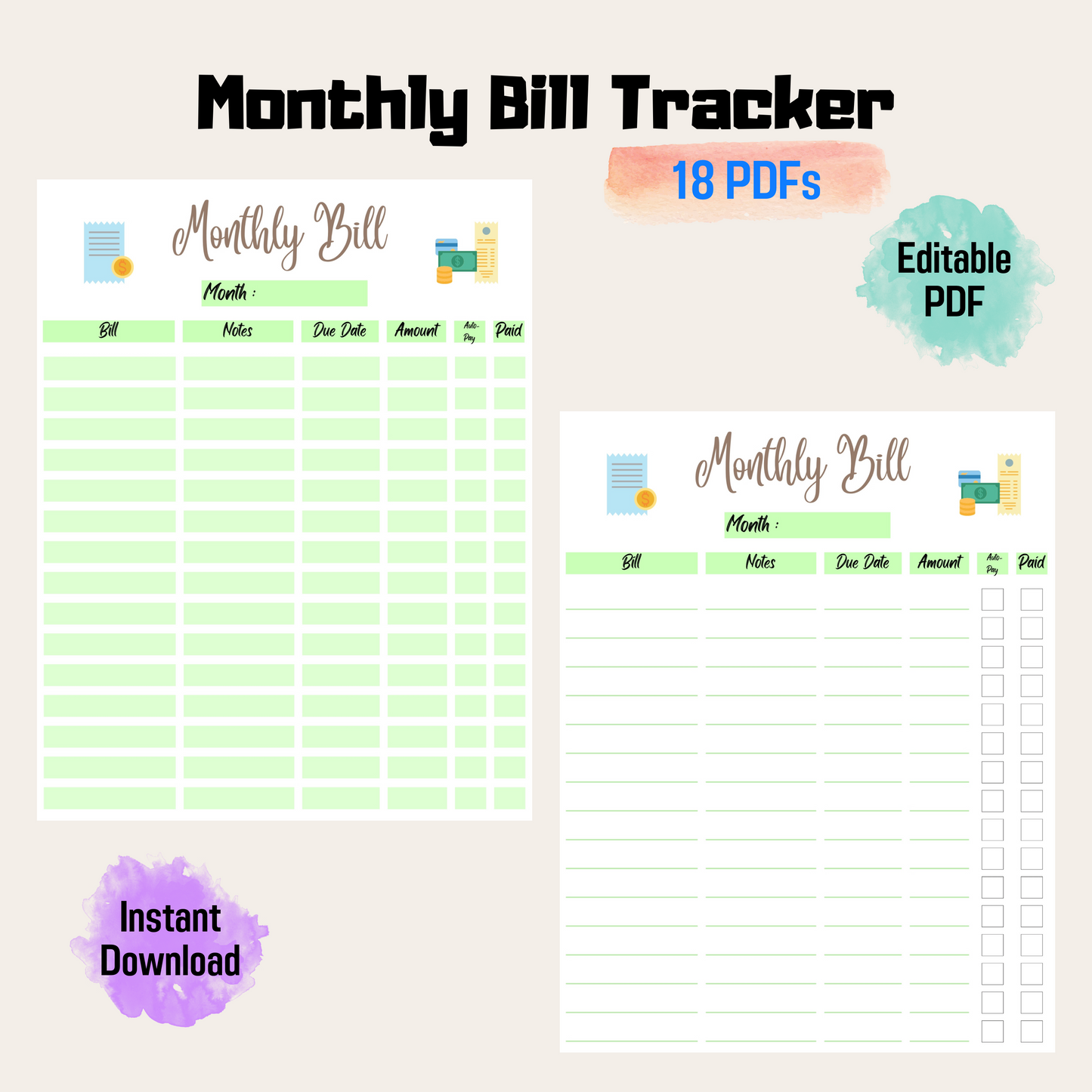 Monthly Bill Payment Tracker Rainbow Color, Expense Tracker, Editable Bill Planner, Bill Pay Checklist Organizer, Bill Log, Instant Download