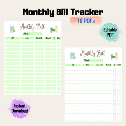 Monthly Bill Payment Tracker Rainbow Color, Expense Tracker, Editable Bill Planner, Bill Pay Checklist Organizer, Bill Log, Instant Download