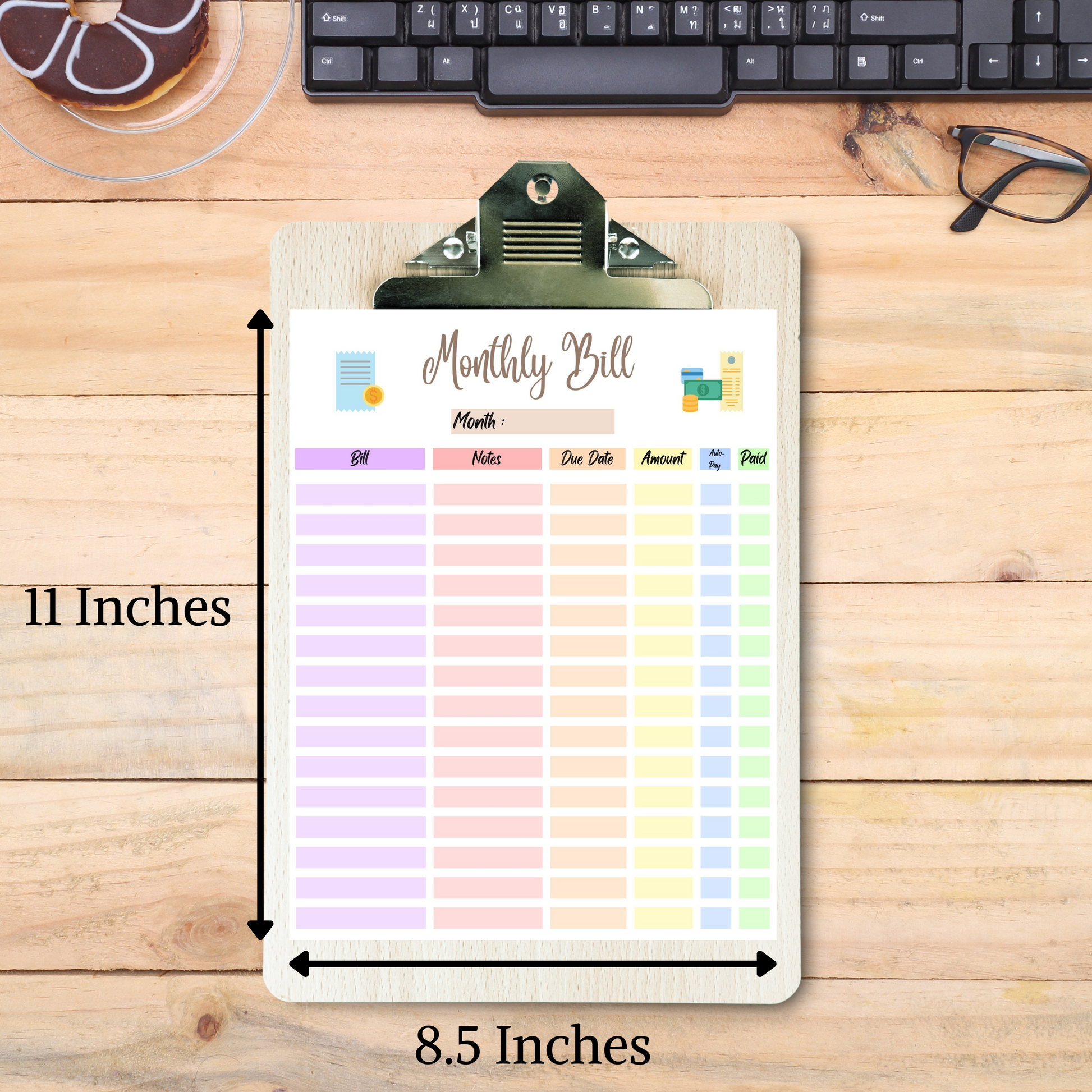 Editable Monthly Bill Tracker 1: Rainbow Color Print Out Size Demo