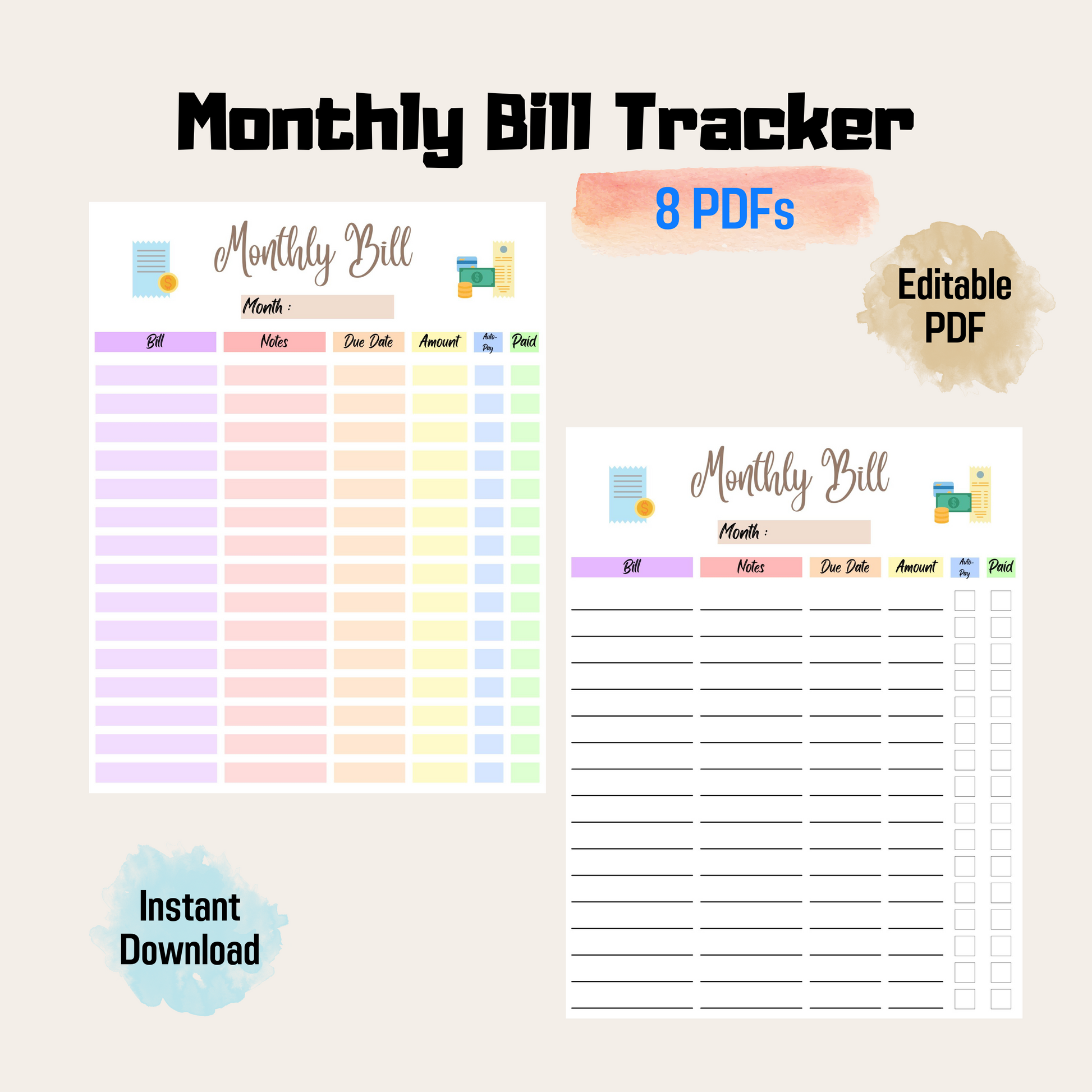 Editable Monthly Bill Tracker 1: Rainbow Color