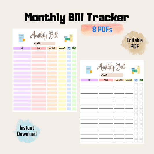 Editable Monthly Bill Tracker 1: Rainbow Color