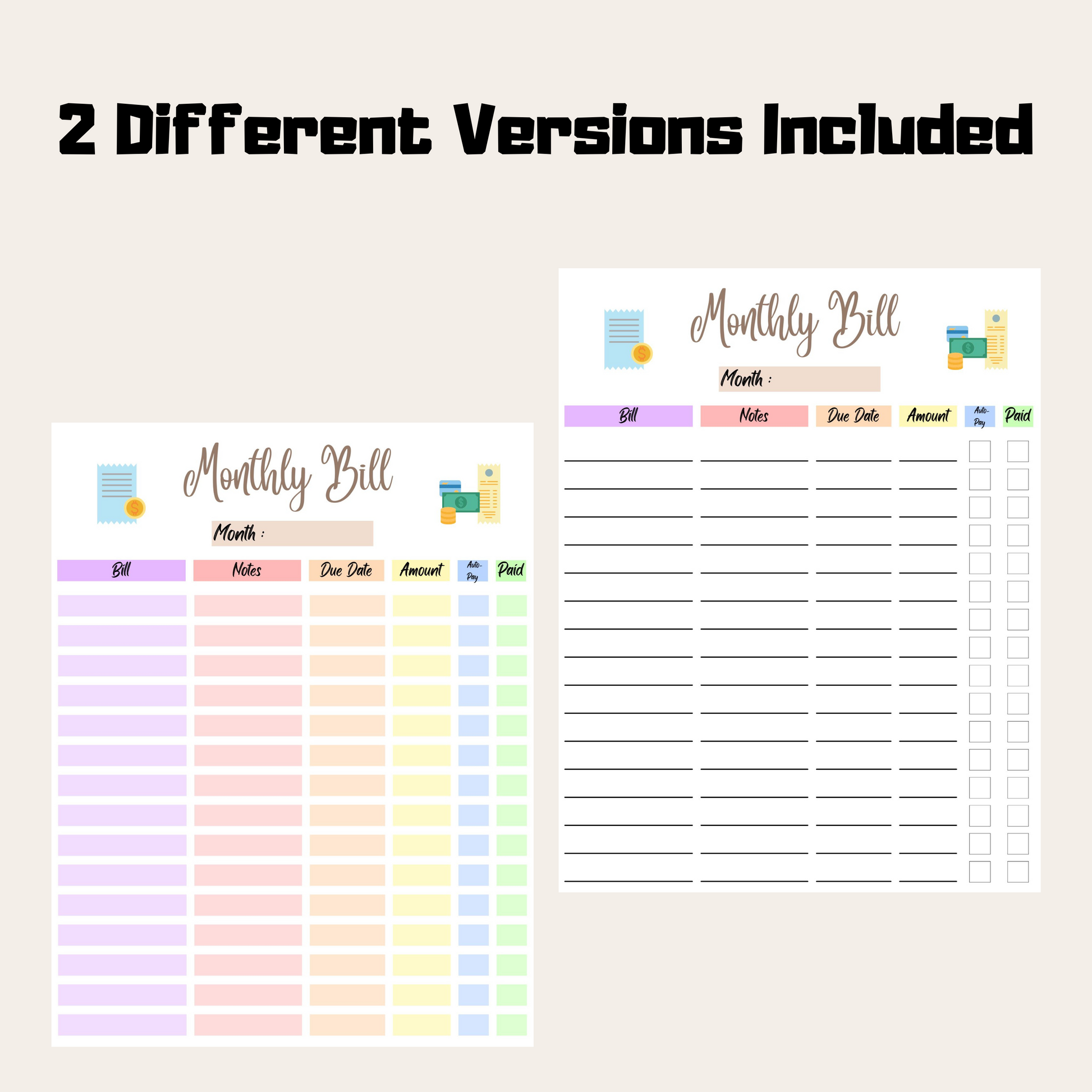 Editable Monthly Bill Tracker 1: Rainbow Color 2 Versions Included