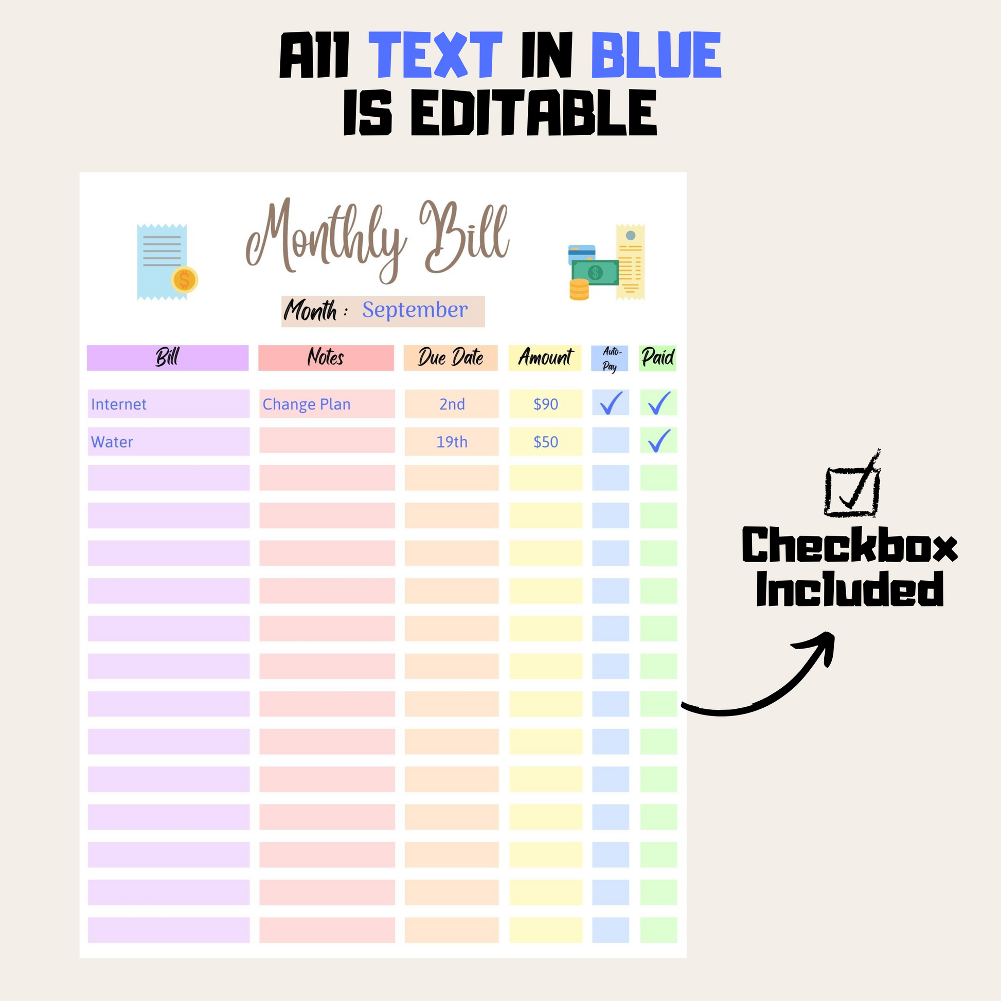 Editable Monthly Bill Tracker 1: Rainbow Color Editable Demo Display