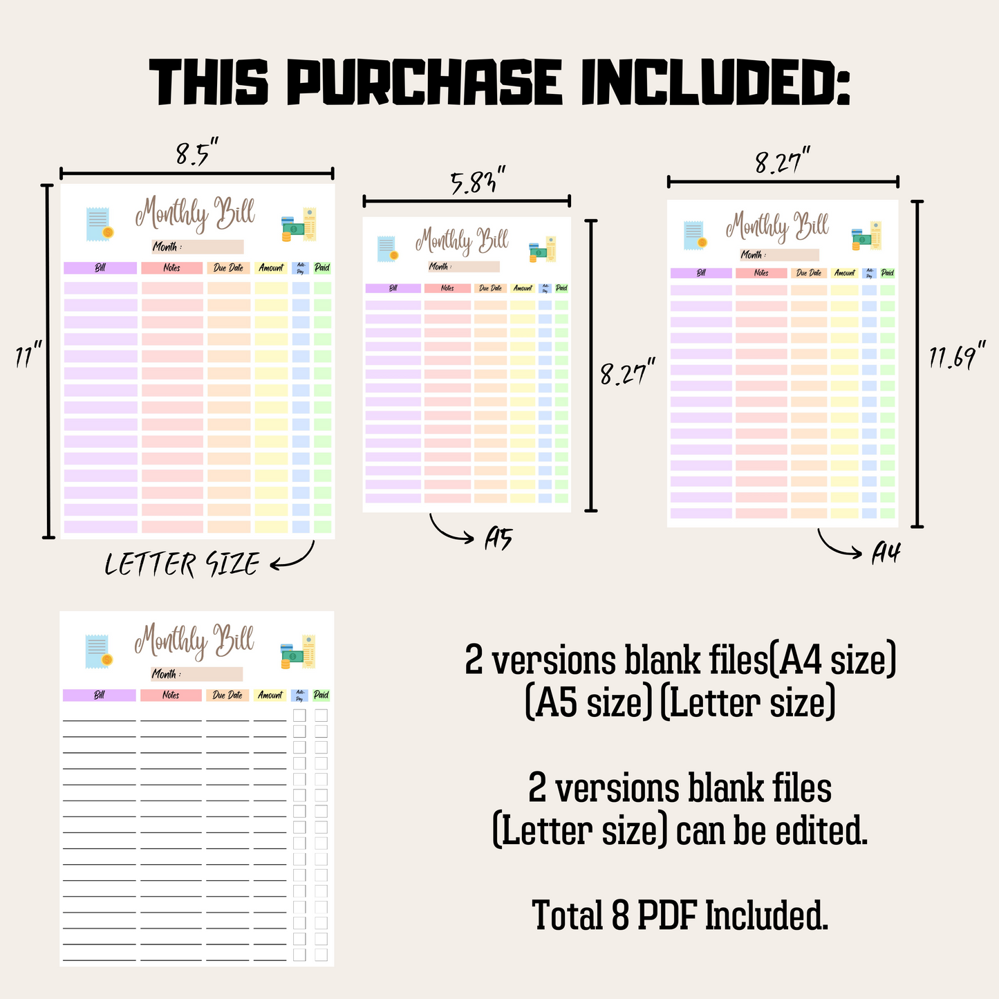 Editable Monthly Bill Tracker 1: Rainbow Color Product Information Details And Print Out Size Demo