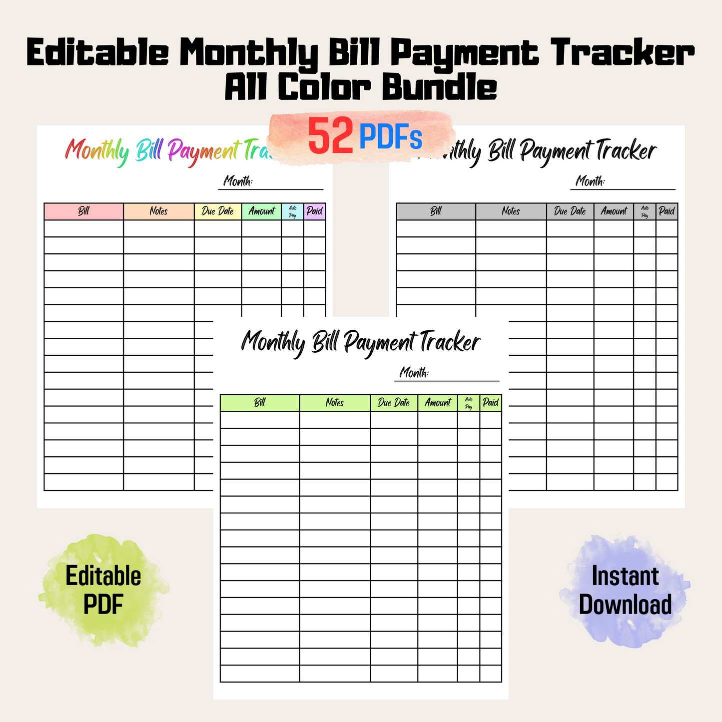 Bill Payment Tracker Rainbow Color Printable, Editable Monthly Bill Tracker, Budget Planner, Bill Payment Log, Bill Tracker Spreadsheet