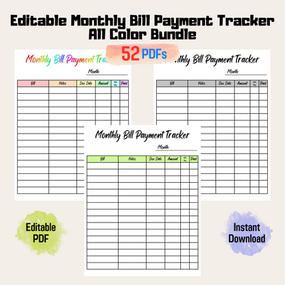 Bill Payment Tracker Rainbow Color Printable, Editable Monthly Bill Tracker, Budget Planner, Bill Payment Log, Bill Tracker Spreadsheet