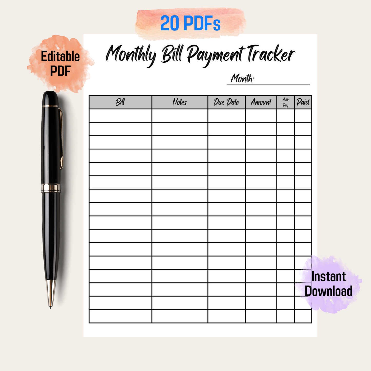 Bill Payment Tracker Rainbow Color Printable, Editable Monthly Bill Tracker, Budget Planner, Bill Payment Log, Bill Tracker Spreadsheet