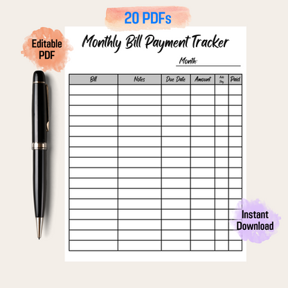 Bill Payment Tracker Rainbow Color Printable, Editable Monthly Bill Tracker, Budget Planner, Bill Payment Log, Bill Tracker Spreadsheet