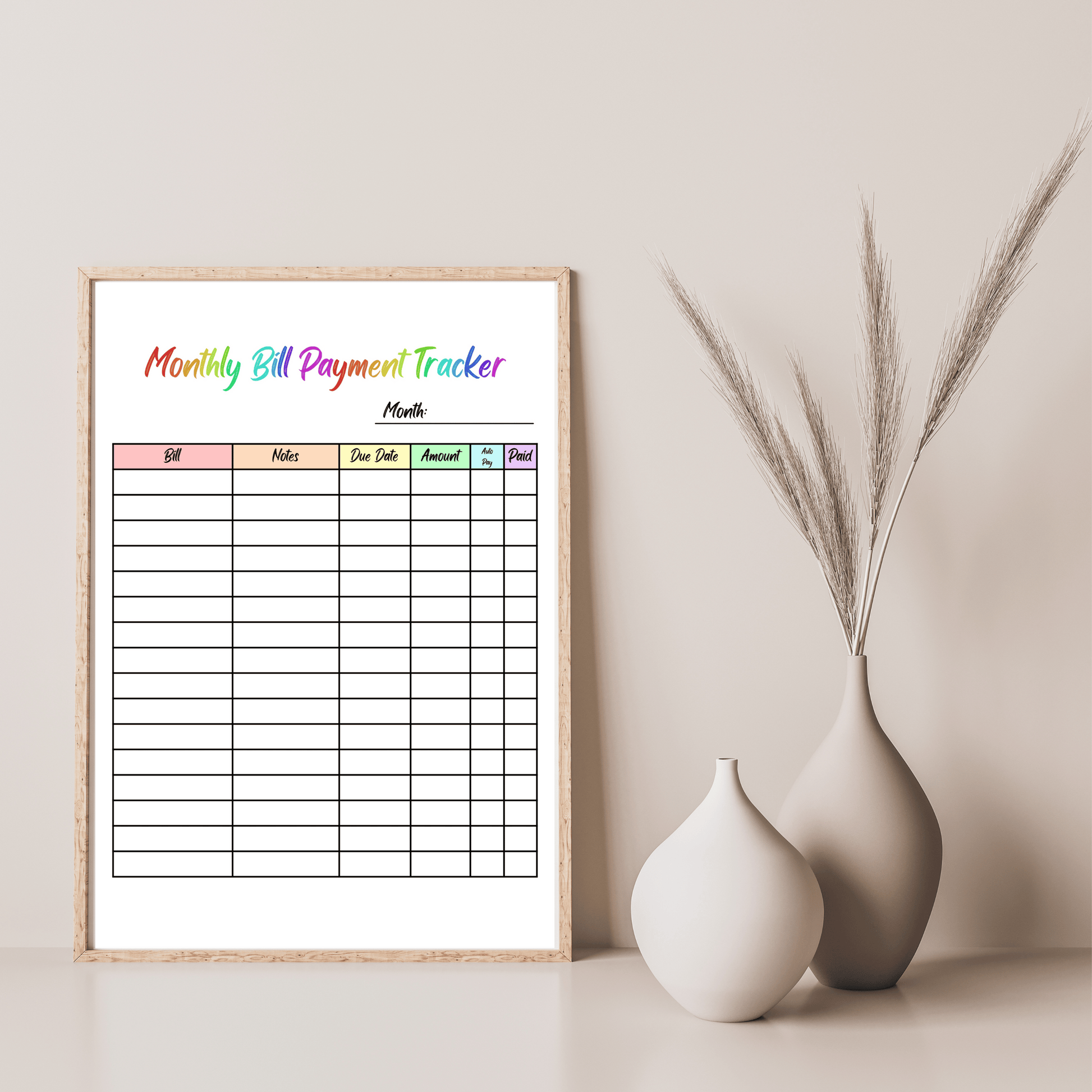 Editable Monthly Bill Tracker 2: Rainbow Color Print Out Demo