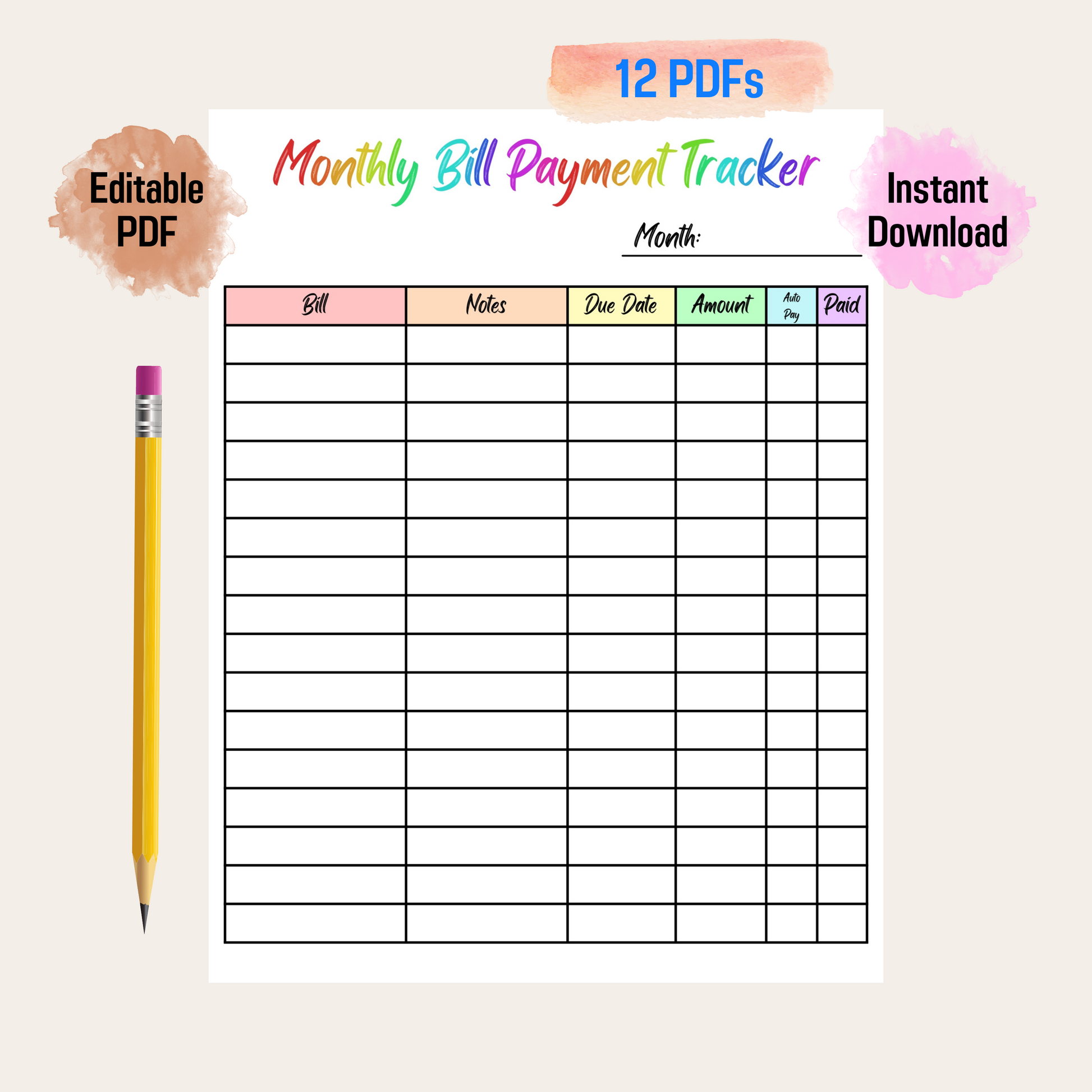 Editable Monthly Bill Tracker 2: Rainbow Color