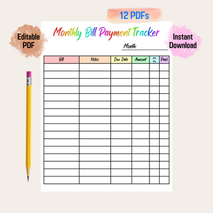 Editable Monthly Bill Tracker 2: Rainbow Color