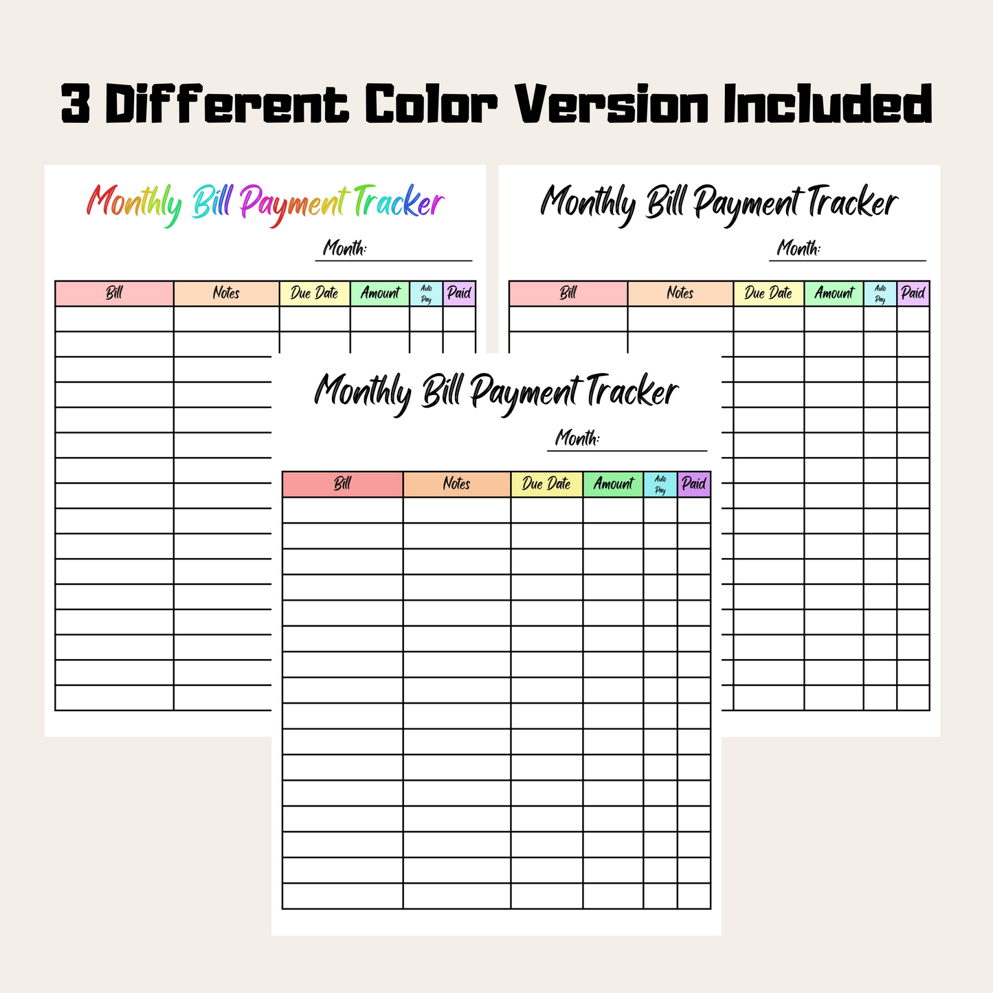 Editable Monthly Bill Tracker 2: Rainbow Color 3 Versions Included