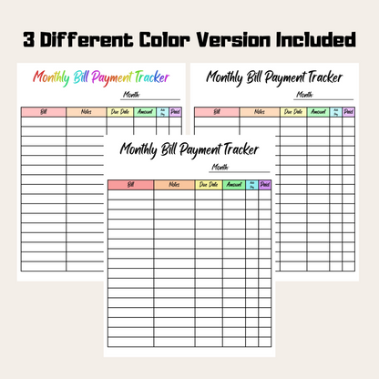 Editable Monthly Bill Tracker 2: Rainbow Color 3 Versions Included