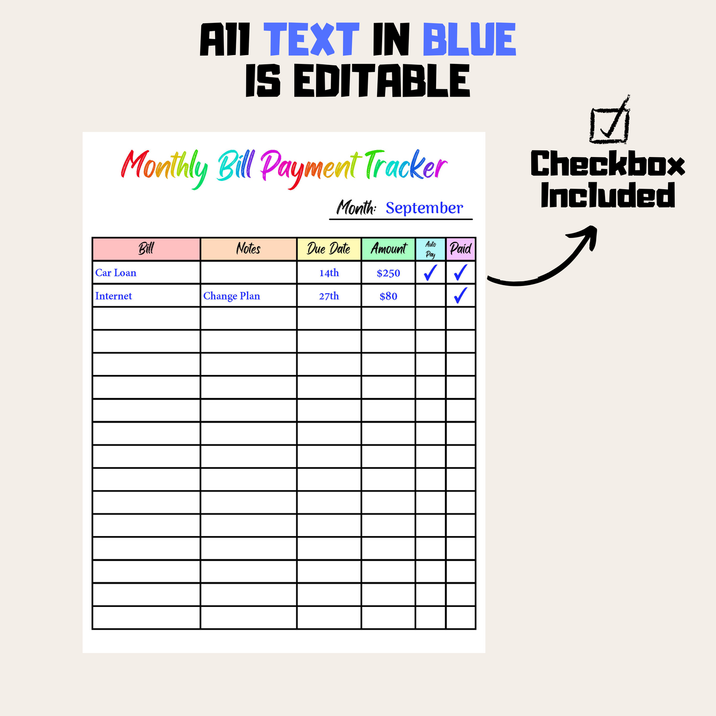 Editable Monthly Bill Tracker 2: Rainbow Color Editable Demo Display