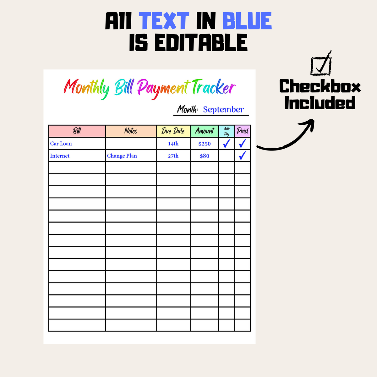 Bill Payment Tracker Rainbow Color Printable, Editable Monthly Bill Tr ...