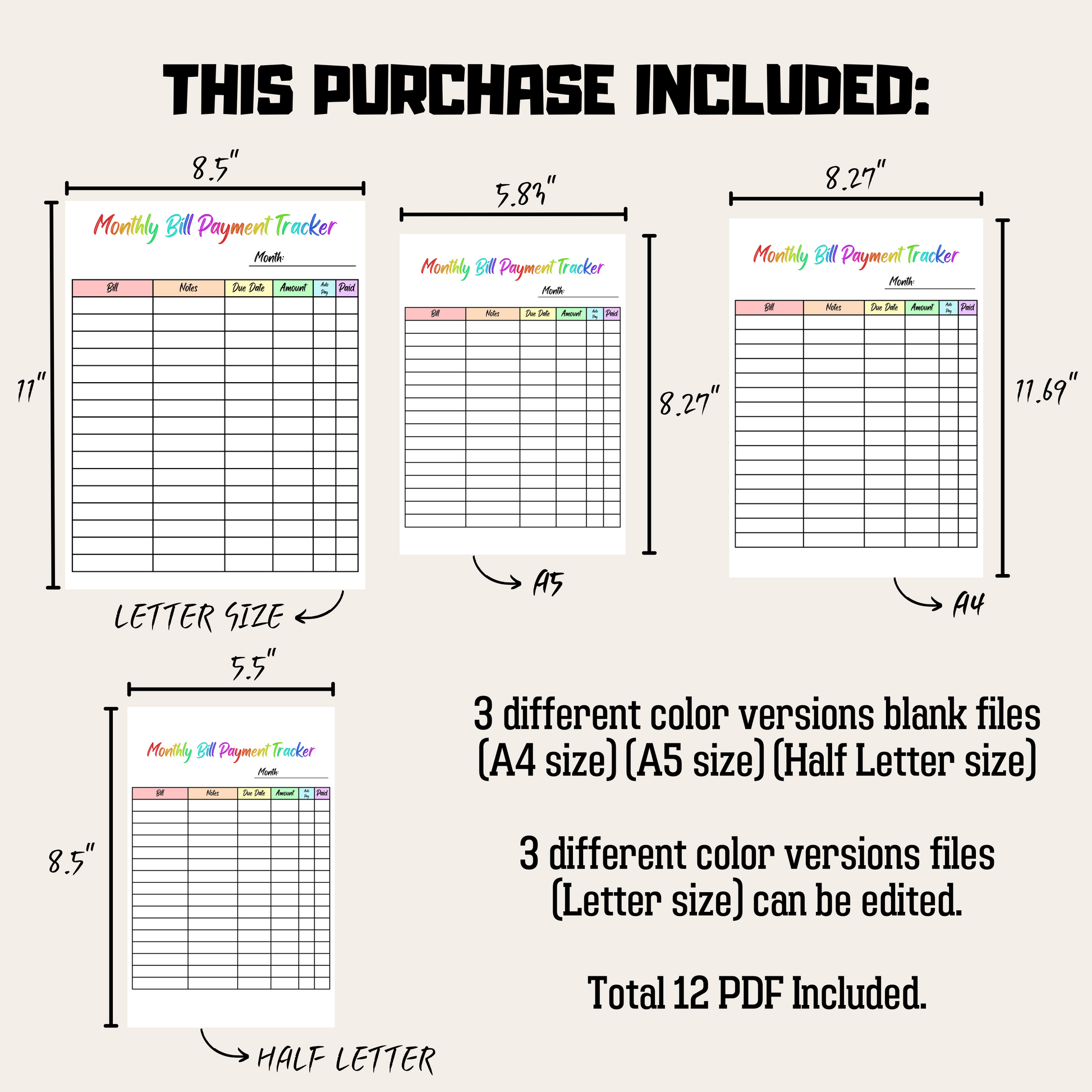 Editable Monthly Bill Tracker 2: Rainbow Color Product Information Details And Print Out Size Demo