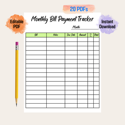 Bill Payment Tracker Rainbow Color Printable, Editable Monthly Bill Tracker, Budget Planner, Bill Payment Log, Bill Tracker Spreadsheet