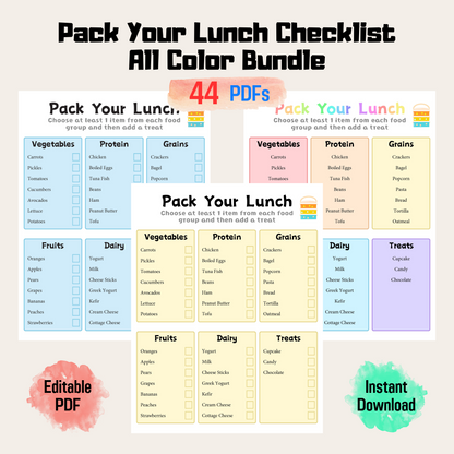 Pack Your Lunch Checklist Rainbow Color, Kids Healthy Lunchbox Template, Elementary Meal Printable, Kids Lunch Menu Chart, Instant Download