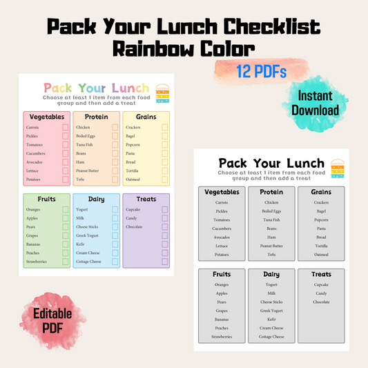 Editable Pack Lunchbox Checklist 1: Rainbow Color