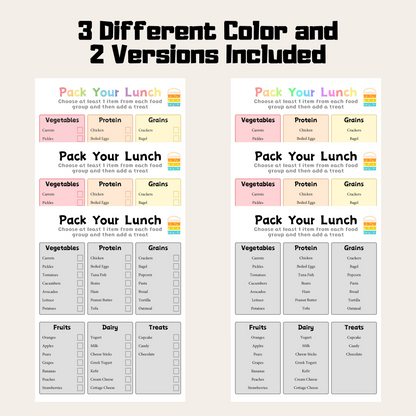 Editable Pack Lunchbox Checklist 1: Rainbow Color 3 Color and 2 Versions Included